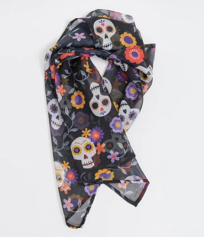 1950s Dia De Los Muertos Sugar Skull Print Hair Scarf AccessoriesHalloween Unique Vintage Accessories