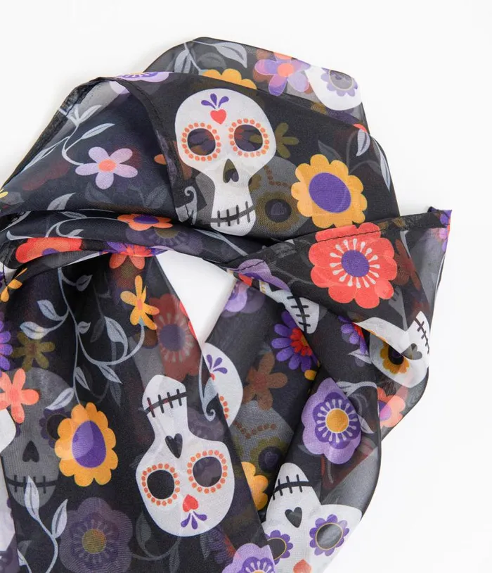 1950s Dia De Los Muertos Sugar Skull Print Hair Scarf AccessoriesHalloween Unique Vintage Accessories