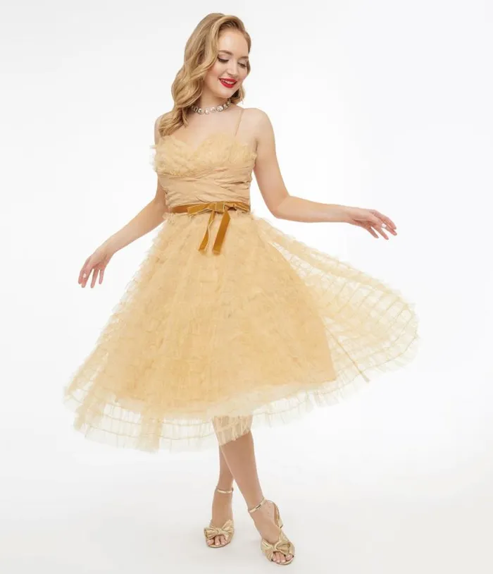 1950s Gold Glitter Tulle Cupcake Swing Dress Dresses Unique Vintage Swing
