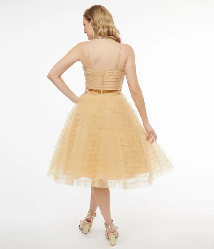 1950s Gold Glitter Tulle Cupcake Swing Dress Dresses Unique Vintage Swing