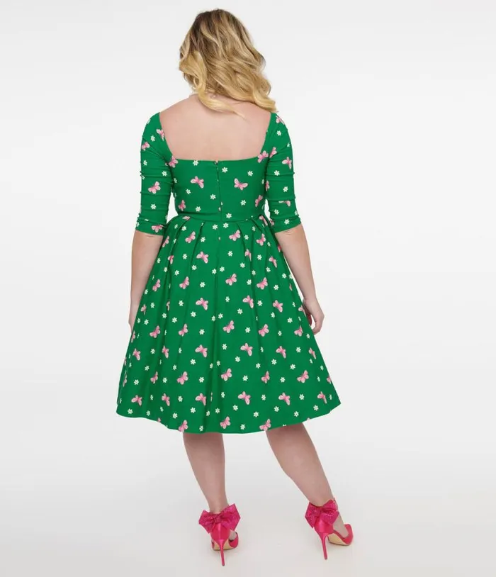 1950s Green and Butterfly Stamp Print Lamar Swing Dress Dresses Unique Vintage Swing