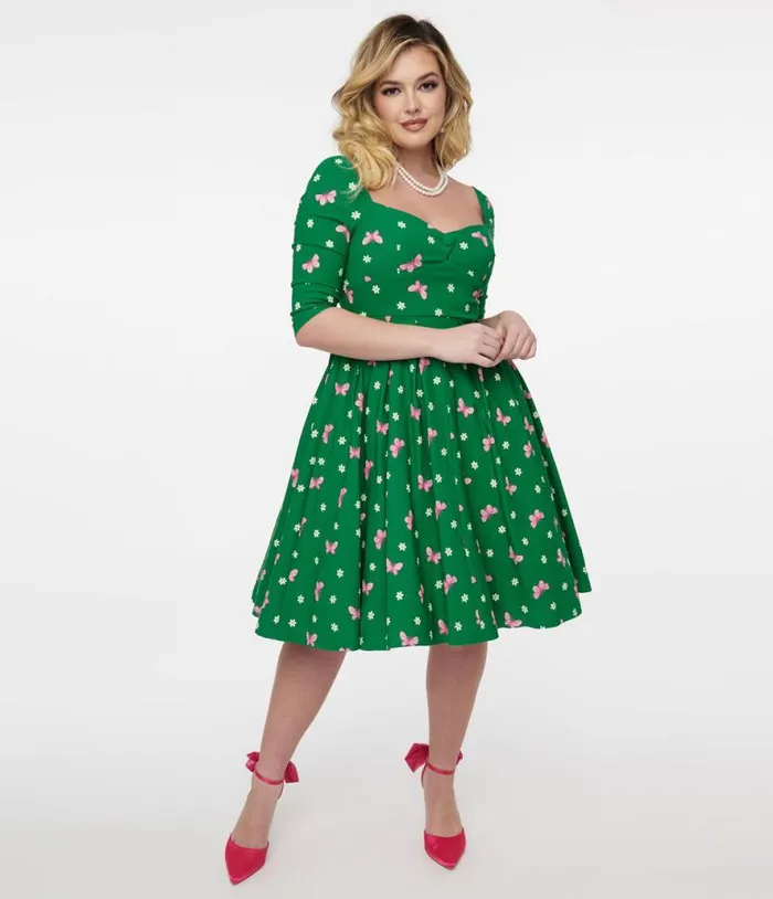 1950s Green and Butterfly Stamp Print Lamar Swing Dress Dresses Unique Vintage Swing