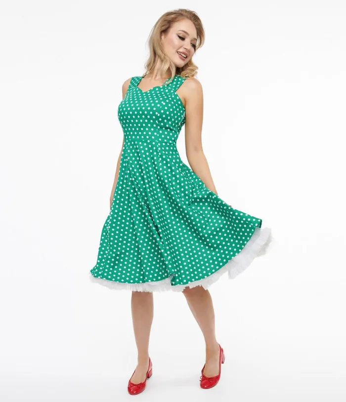 1950s Green and White Polka Dot Cotton Swing Dress DressesPlus Unique Vintage Pocket Dresses 1950s Green and White Polka Dot Cotton Swing Dress DressesPlus Unique Vintage Pocket Dresses