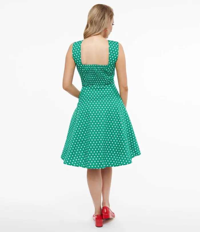 1950s Green and White Polka Dot Cotton Swing Dress DressesPlus Unique Vintage Pocket Dresses