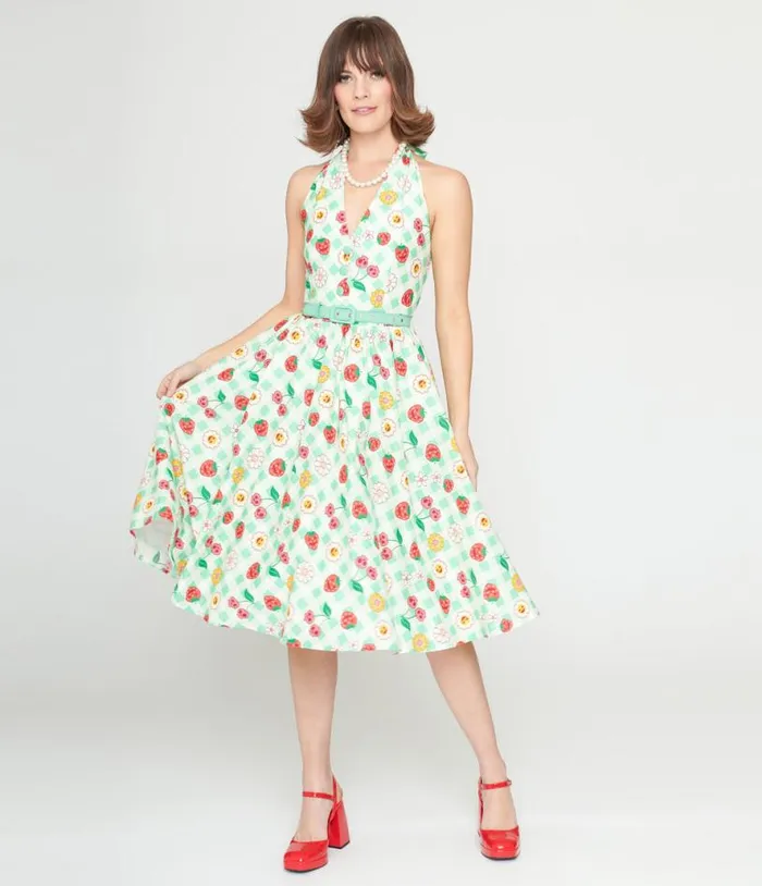 1950s Green Gingham Spooky Fruit Print Halter Swing Dress DressesHalloween Unique Vintage Dresses 1950s Green Gingham Spooky Fruit Print Halter Swing Dress DressesHalloween Unique Vintage Dresses