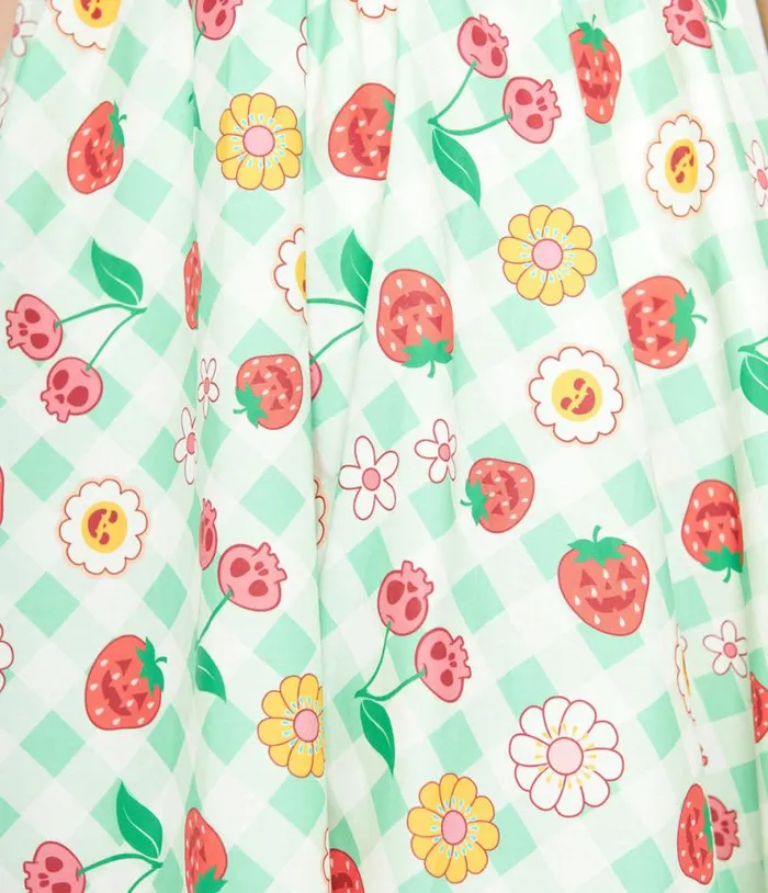 1950s Green Gingham Spooky Fruit Print Halter Swing Dress DressesHalloween Unique Vintage Dresses