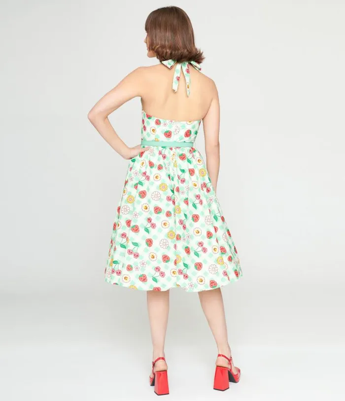1950s Green Gingham Spooky Fruit Print Halter Swing Dress DressesHalloween Unique Vintage Dresses