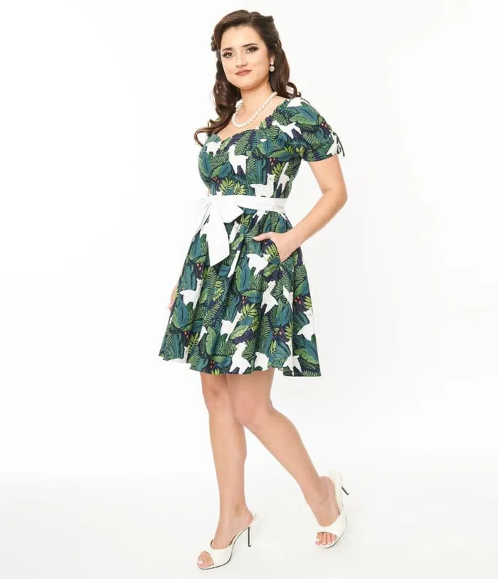 1950s Green Leaf and Llama Print Cotton Dakota Flare Dress Dresses Unique Vintage Pocket Dresses