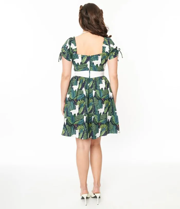 1950s Green Leaf and Llama Print Cotton Dakota Flare Dress Dresses Unique Vintage Pocket Dresses