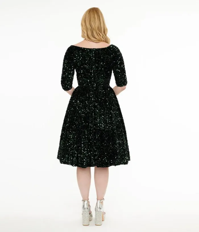 1950s Green Velvet Sequin Marceline Swing Dress Dresses Unique Vintage Pocket Dresses