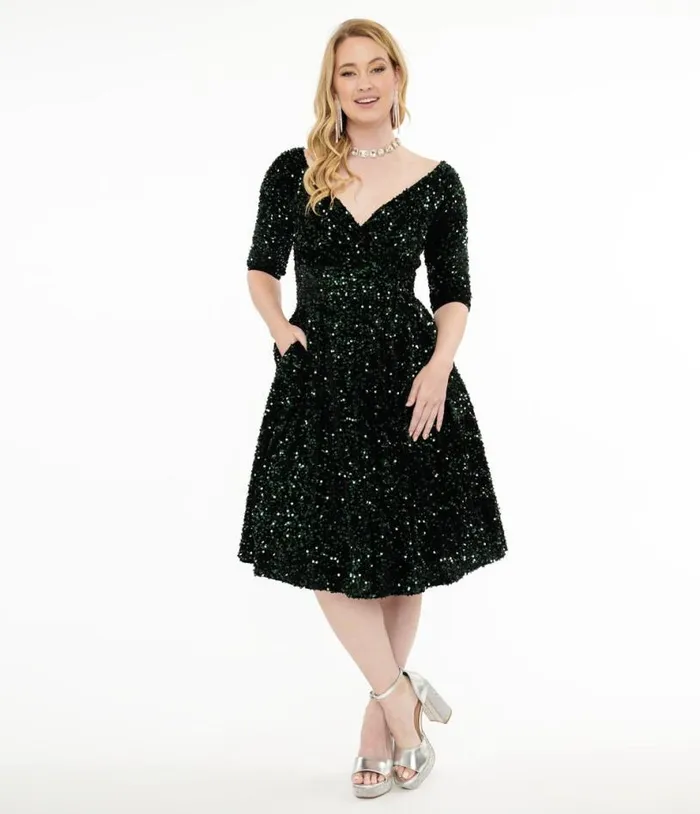 1950s Green Velvet Sequin Marceline Swing Dress Dresses Unique Vintage Pocket Dresses