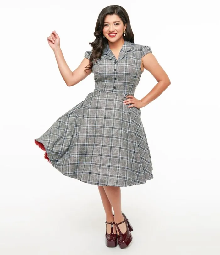 1950s Grey and Blue Plaid Swing Dress DressesPlus Unique Vintage Pocket Dresses 1950s Grey and Blue Plaid Swing Dress DressesPlus Unique Vintage Pocket Dresses