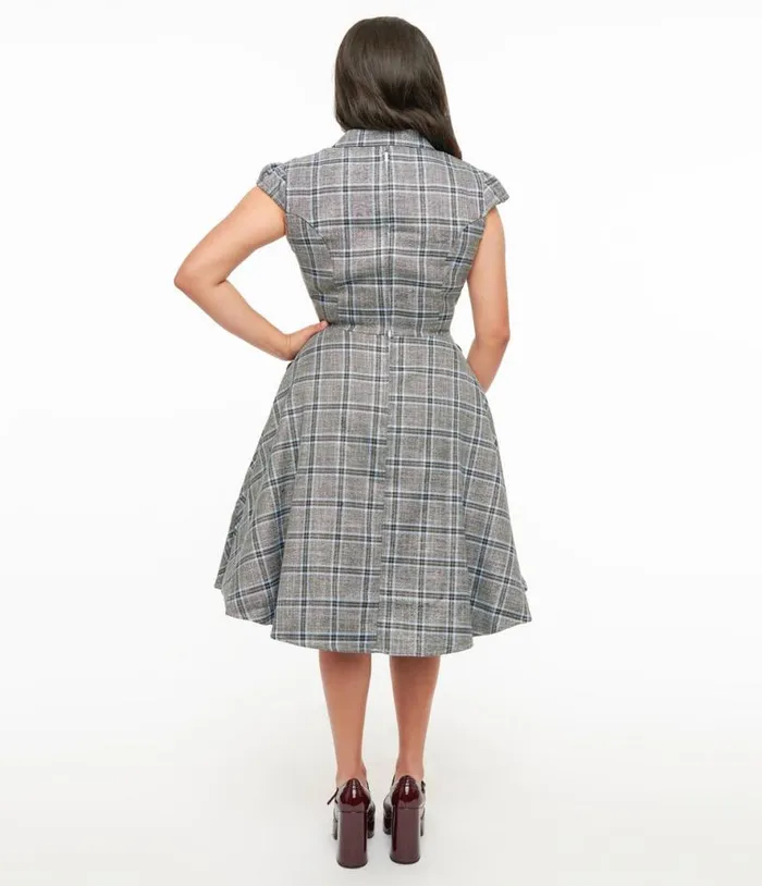 1950s Grey and Blue Plaid Swing Dress DressesPlus Unique Vintage Pocket Dresses