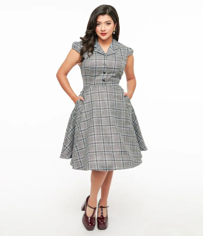 1950s Grey and Blue Plaid Swing Dress DressesPlus Unique Vintage Pocket Dresses