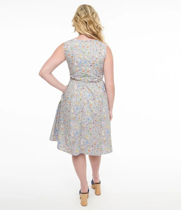 1950s Ice Blue Wonderland Print Fit and Flare Dress Dresses Unique Vintage Pocket Dresses