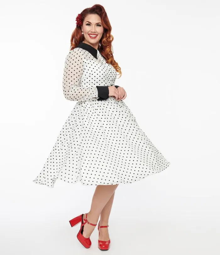 1950s Ivory and Black Polka Dot Tulle Swing Dress Dresses Unique Vintage Swing