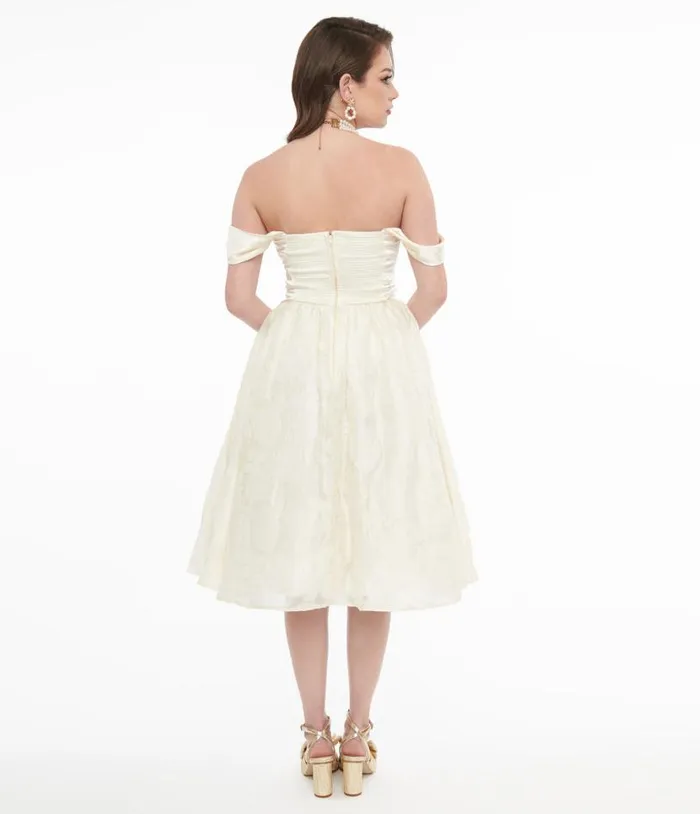 1950s Ivory Floral Off Shoulder Flare Dress DressesPlus Unique Vintage Pocket Dresses