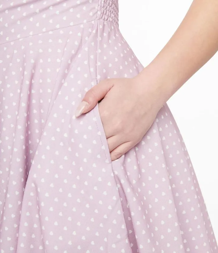 1950s Lavender and White Heart Print Victoria Swing Dress Dresses Unique Vintage Pocket Dresses