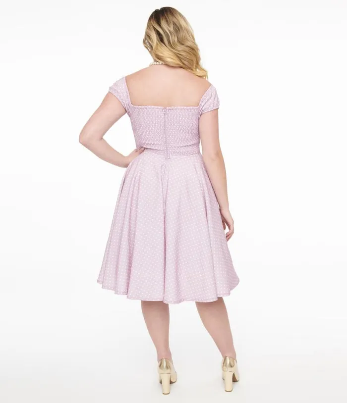 1950s Lavender and White Heart Print Victoria Swing Dress Dresses Unique Vintage Pocket Dresses