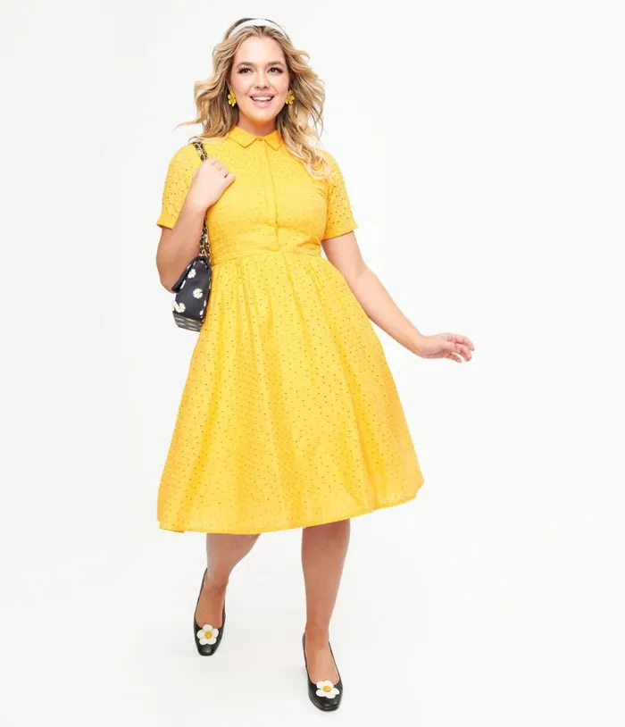 1950s Marigold Eyelet Cotton Harlow Dress Dresses Unique Vintage Swing