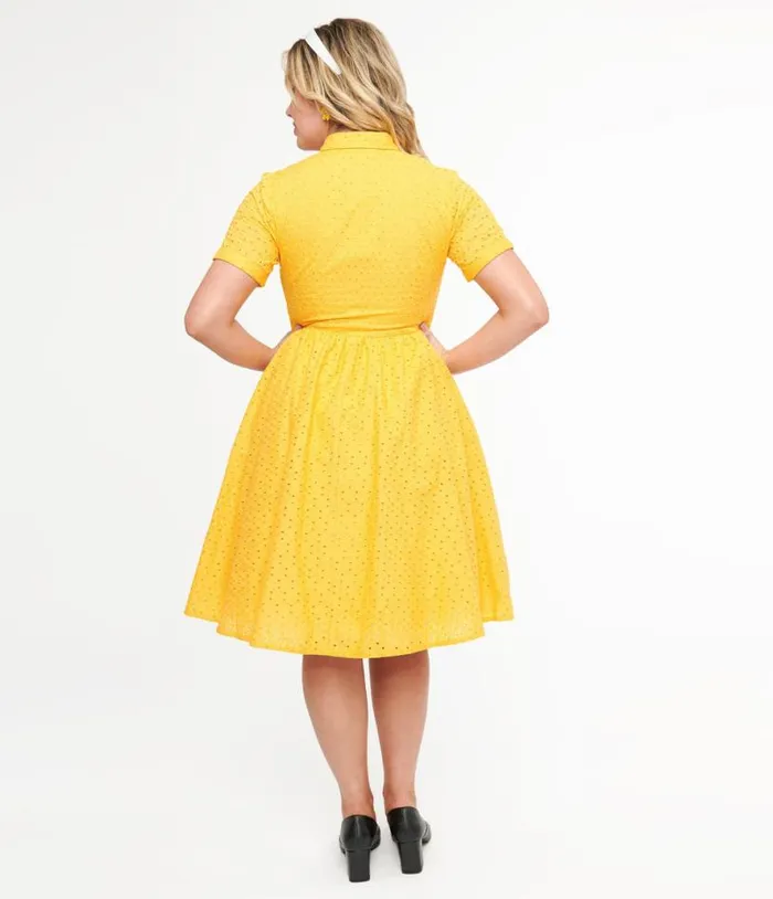 1950s Marigold Eyelet Cotton Harlow Dress Dresses Unique Vintage Swing