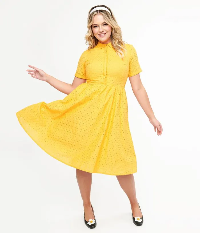 1950s Marigold Eyelet Cotton Harlow Dress Dresses Unique Vintage Swing