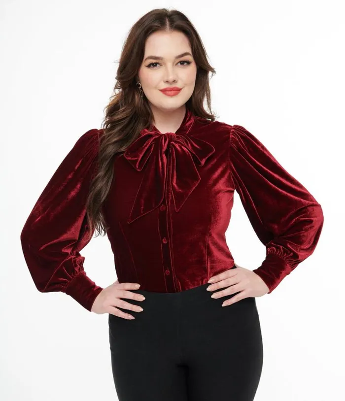 1950s Merlot Velvet Gwen Blouse Clothing Unique Vintage Blouses