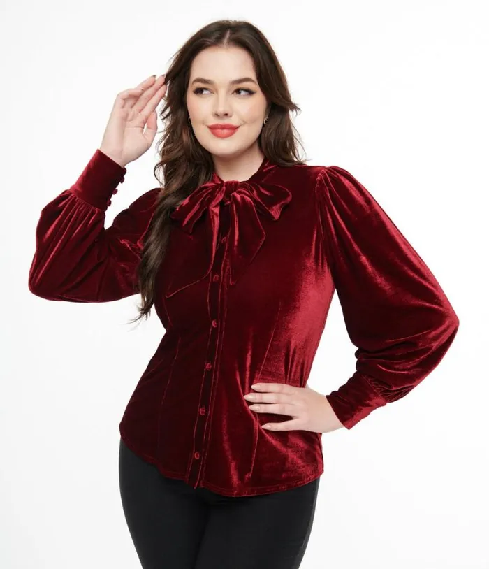 1950s Merlot Velvet Gwen Blouse Clothing Unique Vintage Blouses