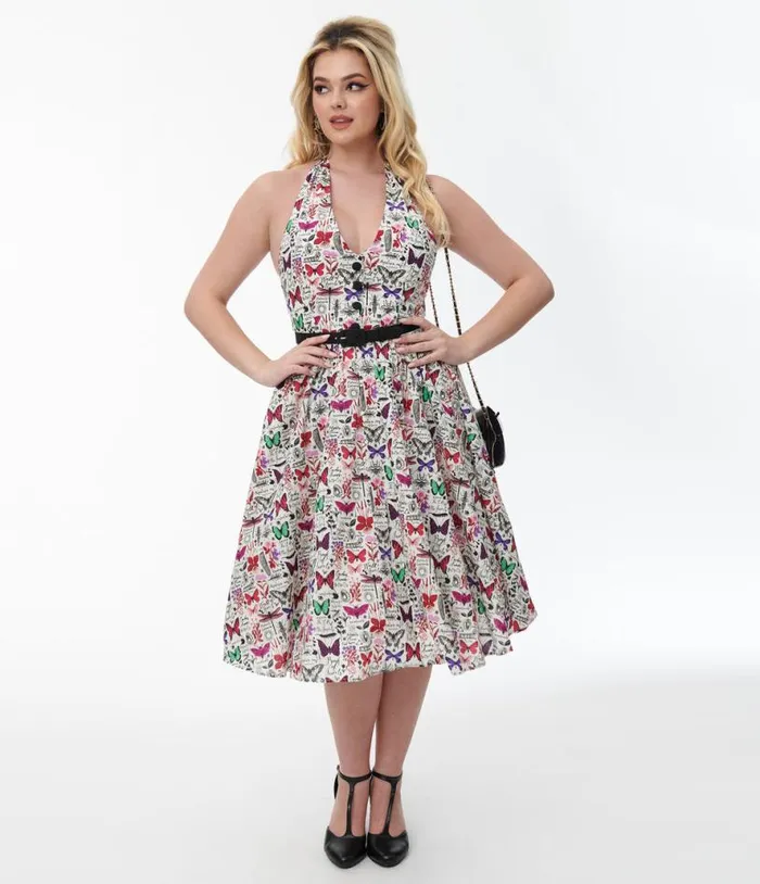 1950s Multicolor Butterfly Print Halter Swing Dress Dresses Unique Vintage Pocket Dresses 1950s Multicolor Butterfly Print Halter Swing Dress Dresses Unique Vintage Pocket Dresses