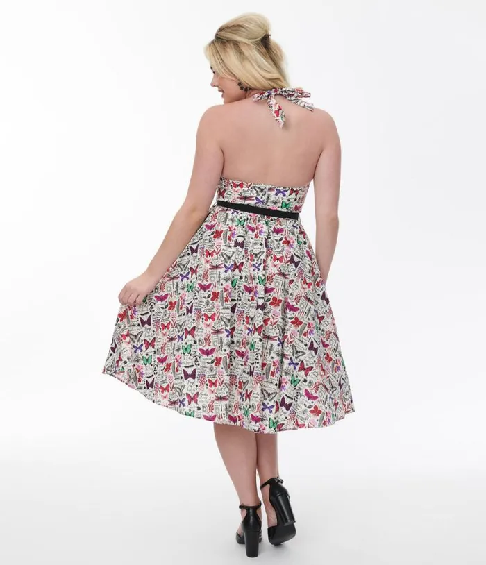 1950s Multicolor Butterfly Print Halter Swing Dress Dresses Unique Vintage Pocket Dresses