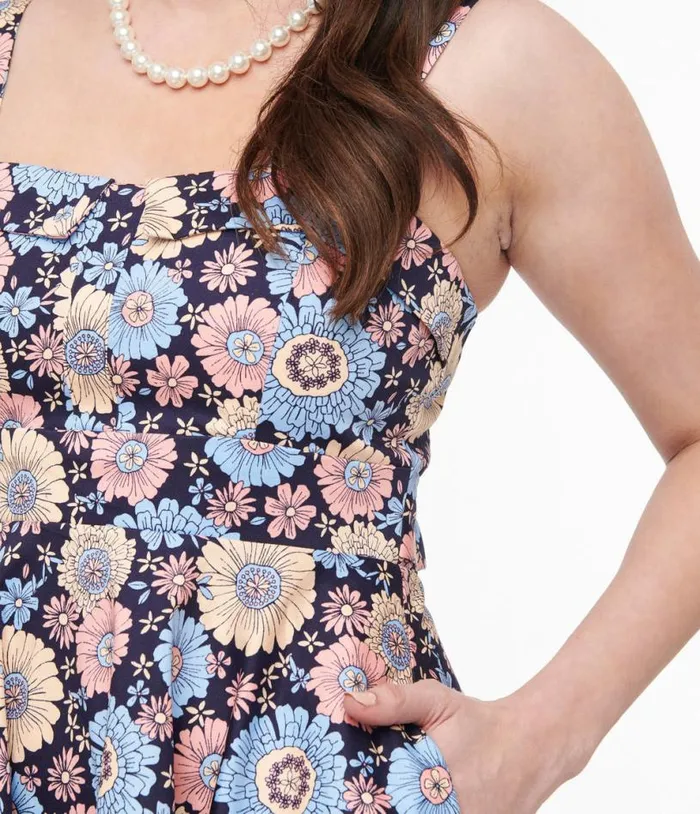1950s Navy and Multicolor Daisy Print Cotton Flare Dress Dresses Unique Vintage Pocket Dresses