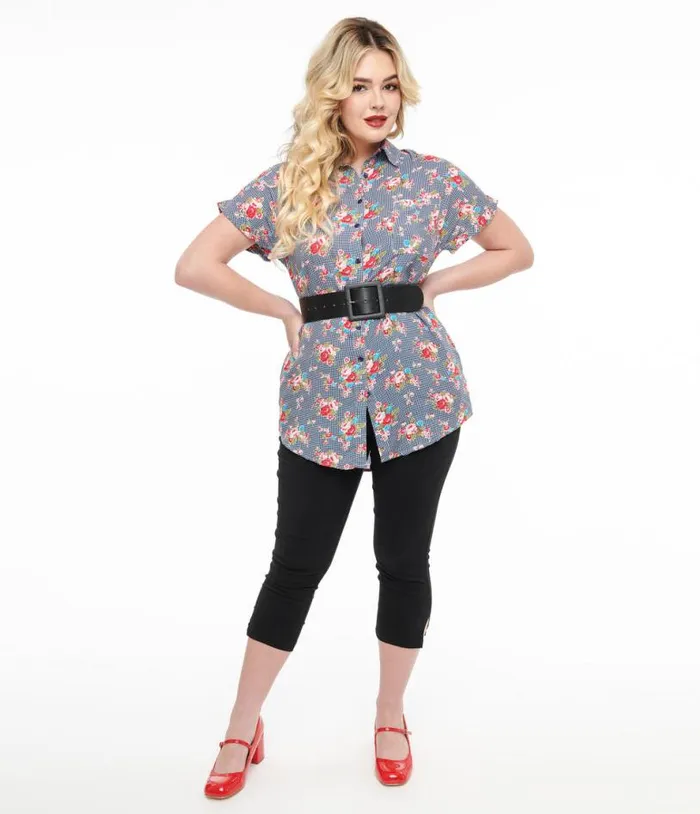 1950s Navy and Pink Floral Button Blouse Clothing Unique Vintage Blouses