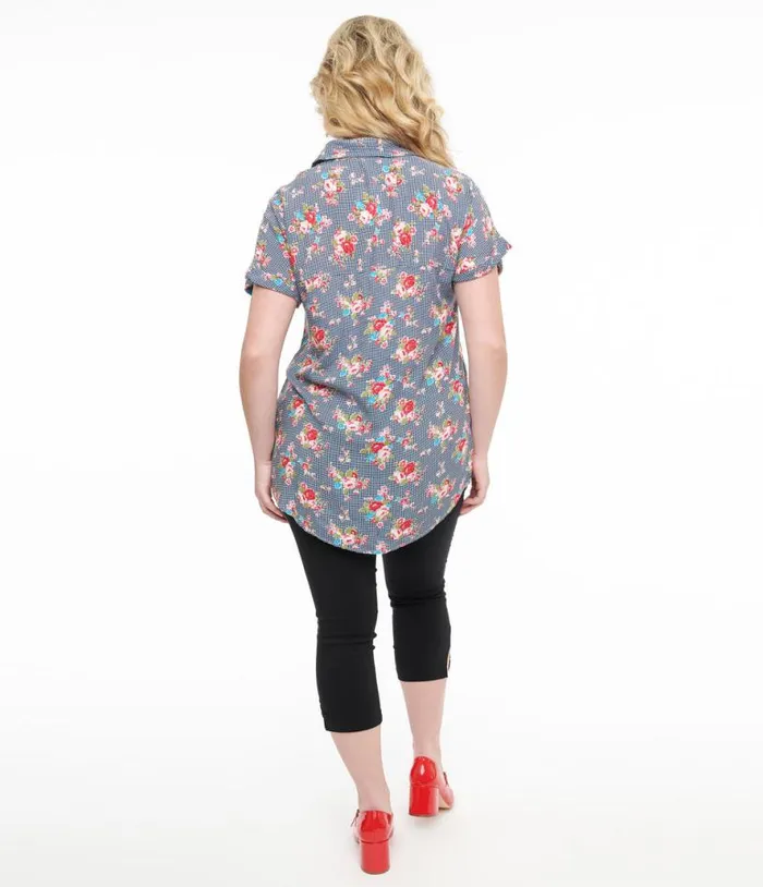 1950s Navy and Pink Floral Button Blouse Clothing Unique Vintage Blouses