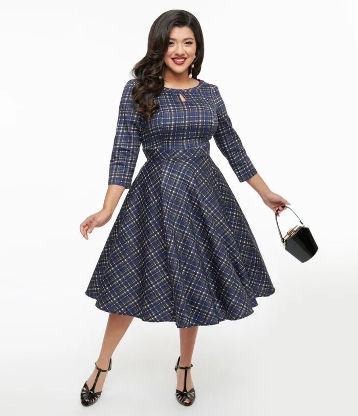 1950s Navy Plaid Anna Swing Dress DressesPlus Unique Vintage Pocket Dresses