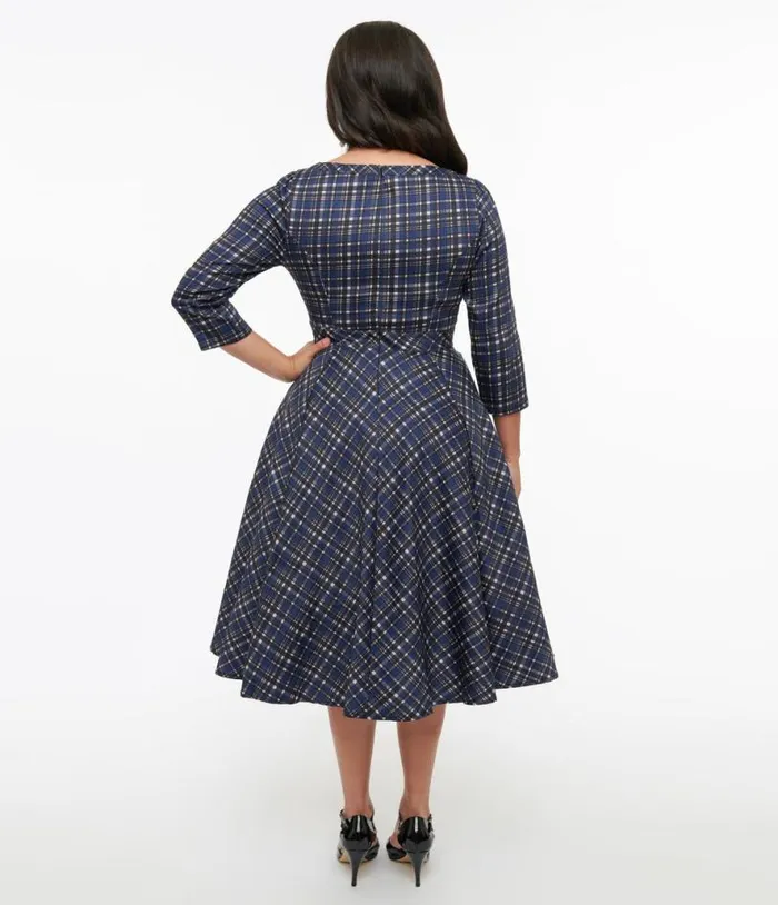 1950s Navy Plaid Anna Swing Dress DressesPlus Unique Vintage Pocket Dresses