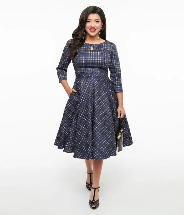 1950s Navy Plaid Anna Swing Dress DressesPlus Unique Vintage Pocket Dresses