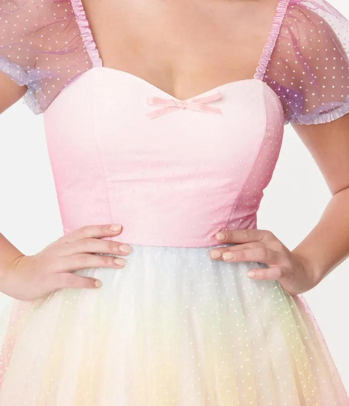 1950s Pastel Rainbow Ombre Clip Dot Tulle Sweetheart Fit and Flare Dress Dresses Unique Vintage Fit and Flare