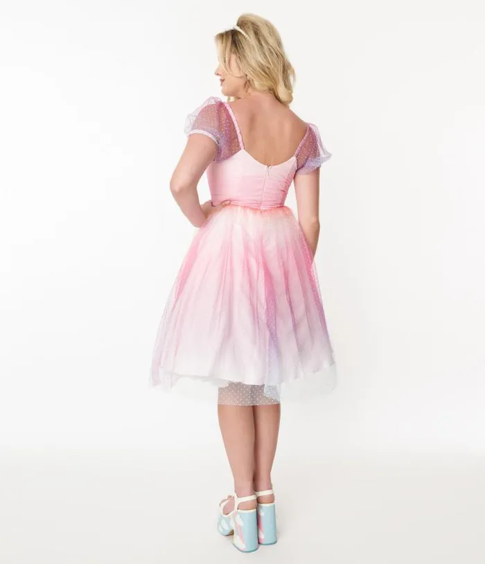 1950s Pastel Rainbow Ombre Clip Dot Tulle Sweetheart Fit and Flare Dress Dresses Unique Vintage Fit and Flare