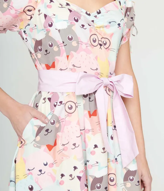 1950s Pink and Multicolor Cat Print Dakota Flare Dress Dresses Unique Vintage Pocket Dresses