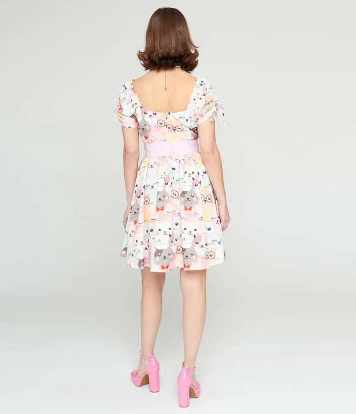 1950s Pink and Multicolor Cat Print Dakota Flare Dress Dresses Unique Vintage Pocket Dresses