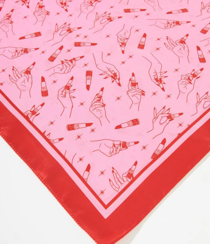 1950s Pink and Red Lipstick Print Satin Hair Scarf Accessories Unique Vintage Hair Scarves