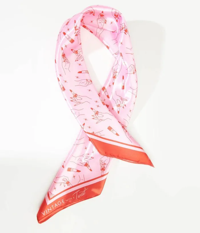 1950s Pink and Red Lipstick Print Satin Hair Scarf Accessories Unique Vintage Hair Scarves