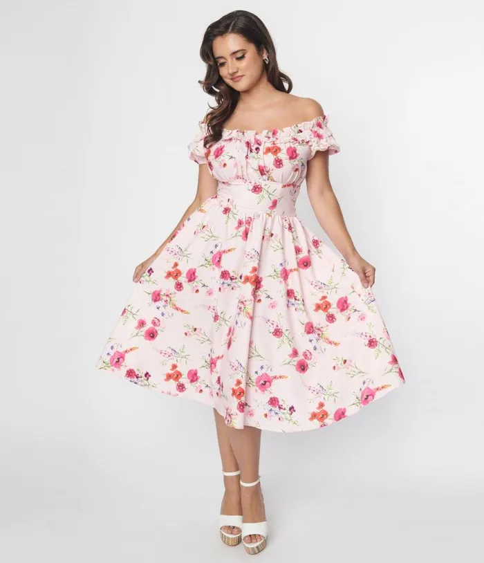 1950s Pink Floral Off The Shoulder Ruffle Swing Dress Dresses Unique Vintage Pocket Dresses 1950s Pink Floral Off The Shoulder Ruffle Swing Dress Dresses Unique Vintage Pocket Dresses