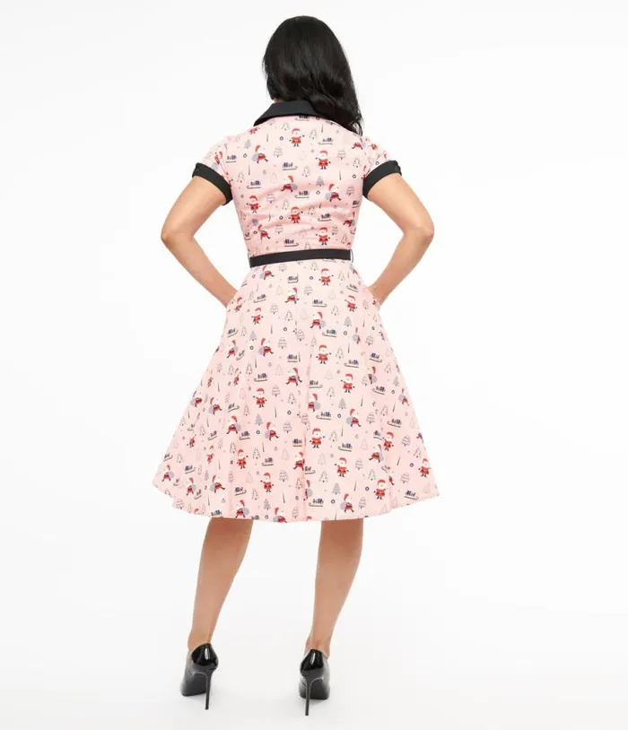 1950s Pink Santa Print Alexis Swing Dress Dresses Unique Vintage Pocket Dresses