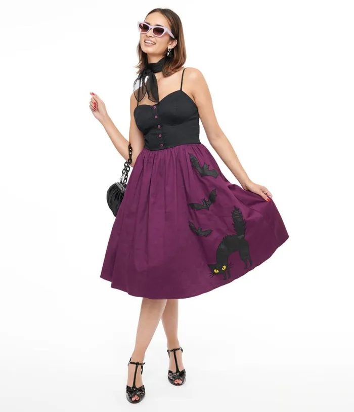 1950s Purple and Black Glitter Cat Swing Dress DressesHalloween Unique Vintage Pocket Dresses 1950s Purple and Black Glitter Cat Swing Dress DressesHalloween Unique Vintage Pocket Dresses
