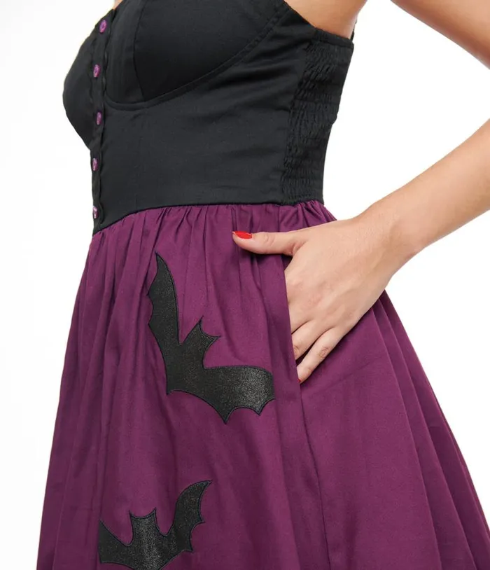 1950s Purple and Black Glitter Cat Swing Dress DressesHalloween Unique Vintage Pocket Dresses