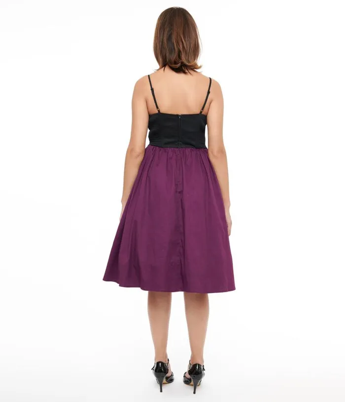 1950s Purple and Black Glitter Cat Swing Dress DressesHalloween Unique Vintage Pocket Dresses