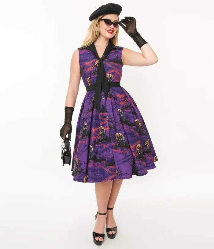 1950s Purple Halloween Print Edith Swing Dress DressesHalloween Unique Vintage Pocket Dresses 1950s Purple Halloween Print Edith Swing Dress DressesHalloween Unique Vintage Pocket Dresses