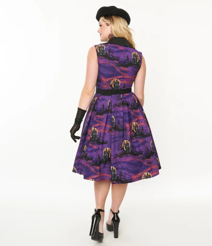 1950s Purple Halloween Print Edith Swing Dress DressesHalloween Unique Vintage Pocket Dresses