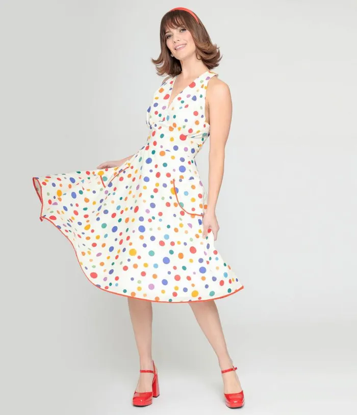 1950s Rainbow Polka Dot Cotton Halter Swing Dress Dresses Unique Vintage Pocket Dresses 1950s Rainbow Polka Dot Cotton Halter Swing Dress Dresses Unique Vintage Pocket Dresses